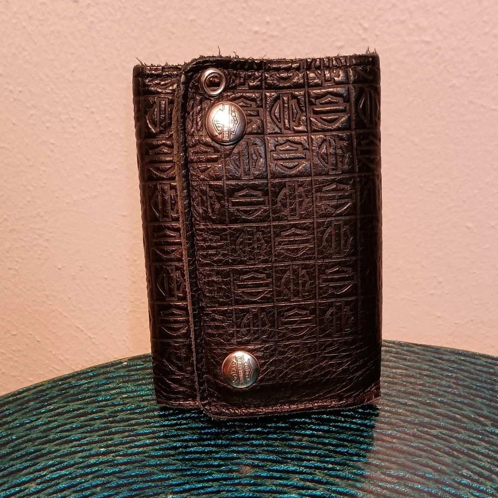 Harley Davidson Black Embossed Trifold Leather Wallet